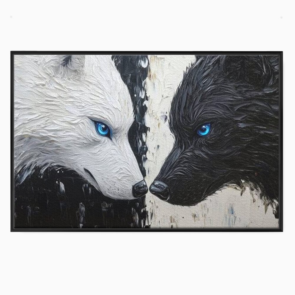 Tablou canvas cu tablou canvas cu doi lupi, in rama de aluminiu negru